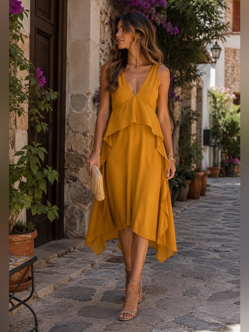 Gianni Bini Mustard Chiffon Ruffle Dress | NWT | Size L